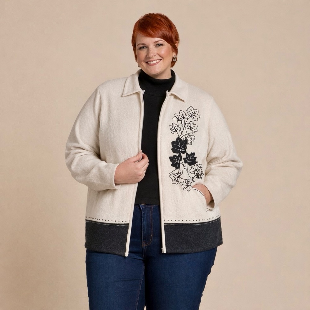 Vintage Wool Jacket L Cream Black‎ Embroidered Zip Front